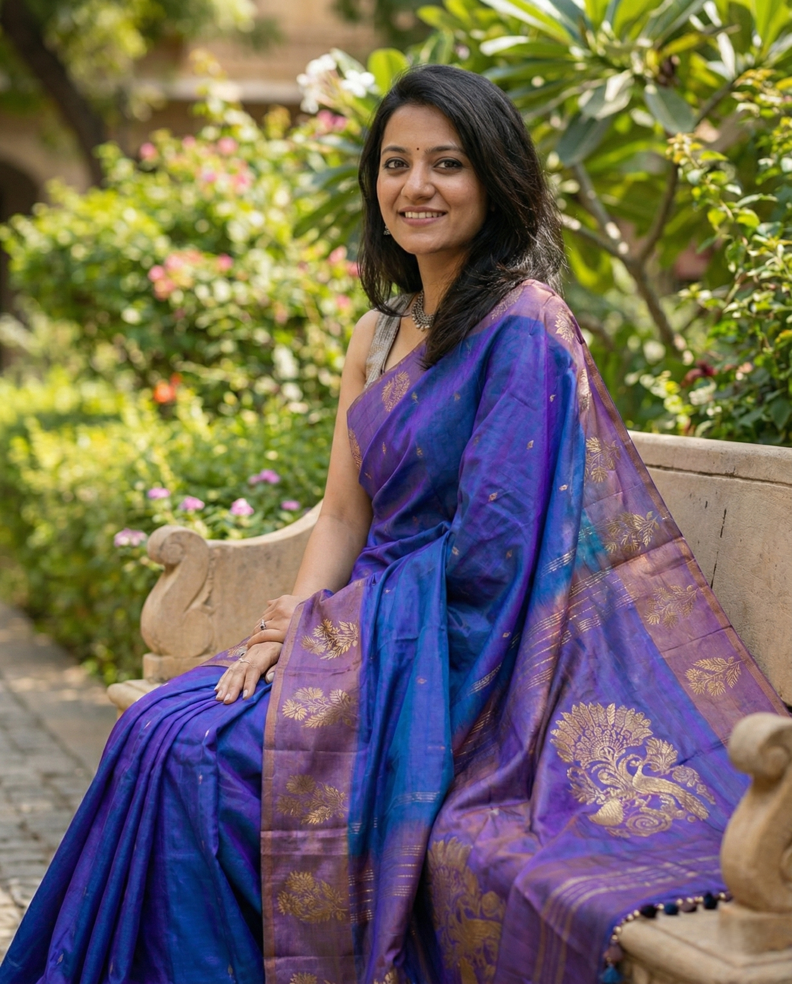 Royal Blue Pure Silk Benarasi Saree with Peacock Motifs - 3
